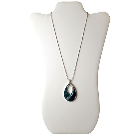 Silver Tone Teardrop Pendant Necklace with Blue Stone Inlay 32" Chain Rhinestone - Picture 9 of 13